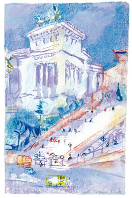 Rom, Nationaldenkmal und Aracoeli-Treppe, Aquarell/Aquastift, 43 x 27 cm, 1989